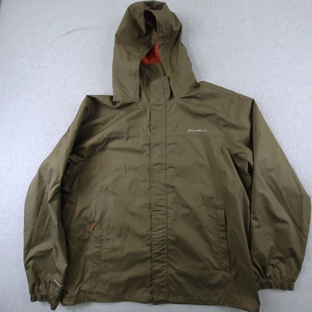 Eddie Bauer Weatheredge Rain Jacket Mens XL Olive Green Hooded Mesh Lined FLAW